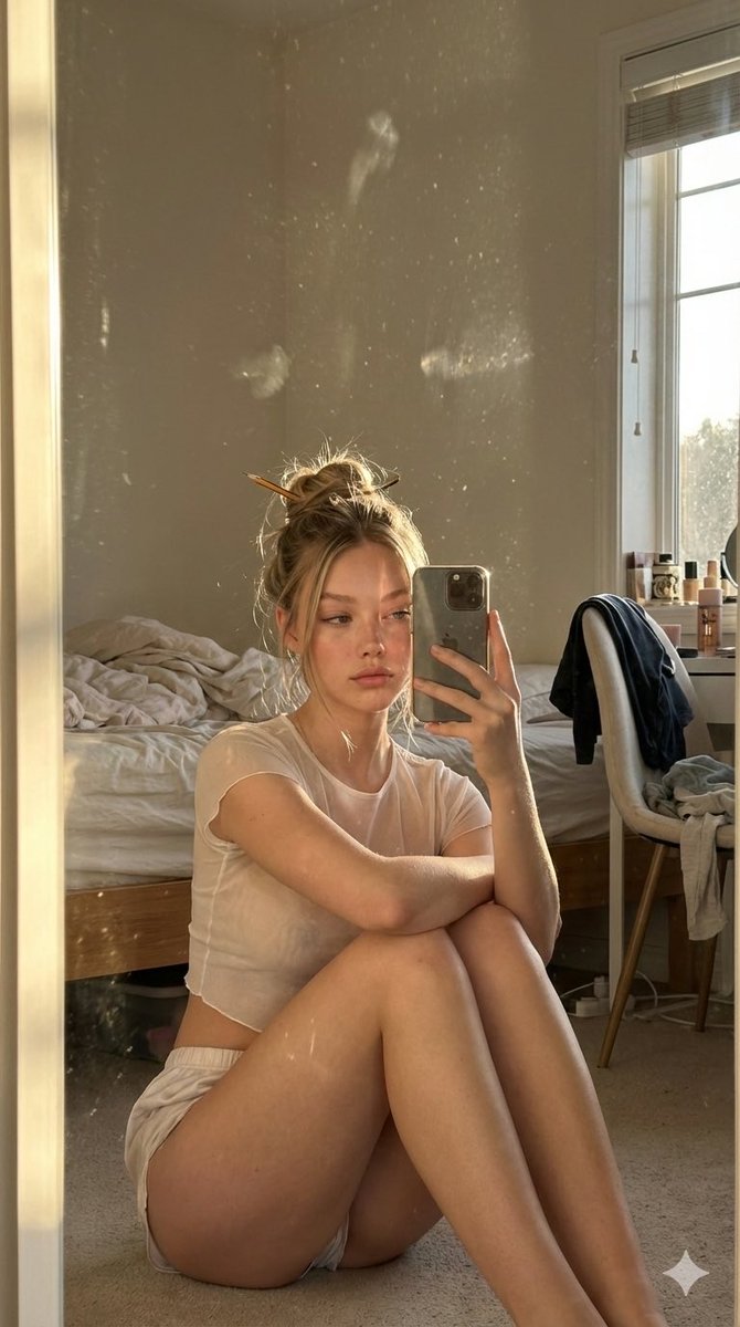 Candid Golden Hour iPhone Mirror Selfie in a Messy Bedroom