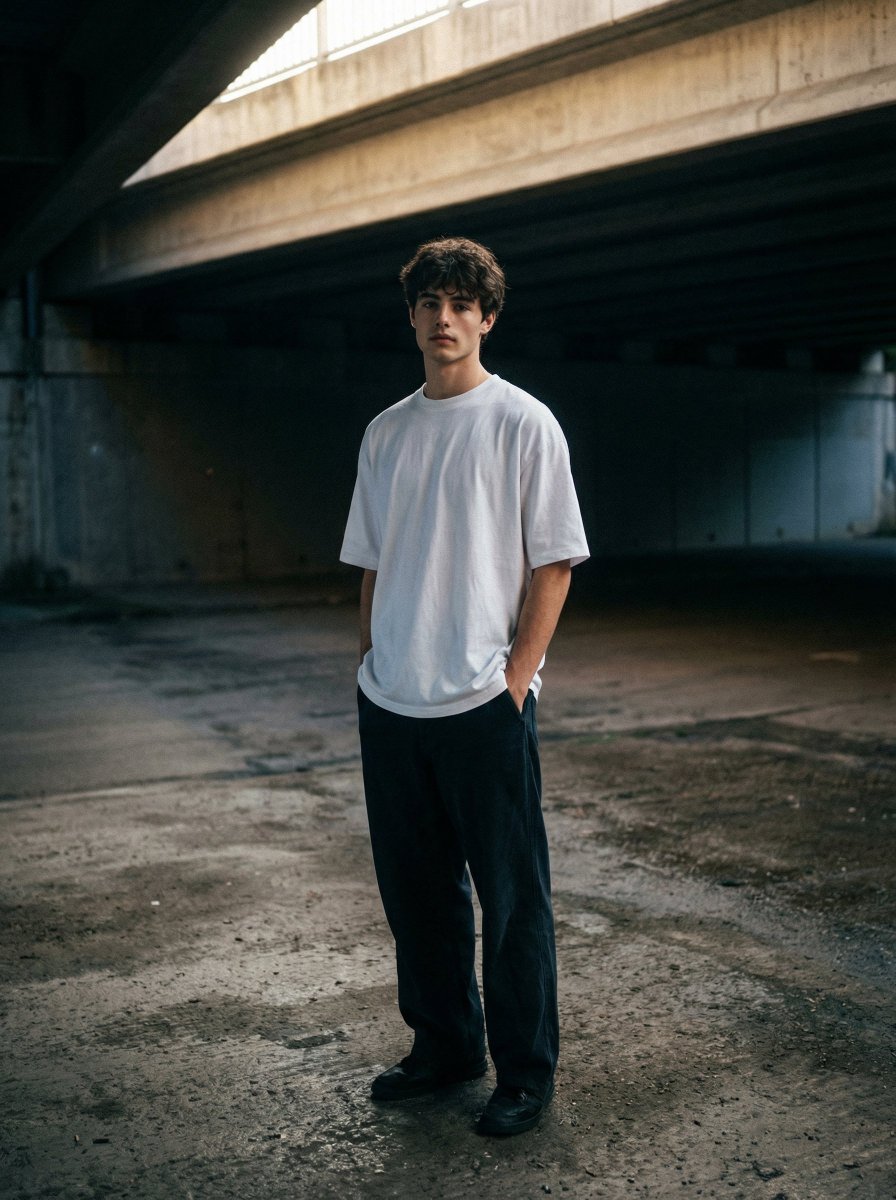 Moody urban portrait under a concrete overpass