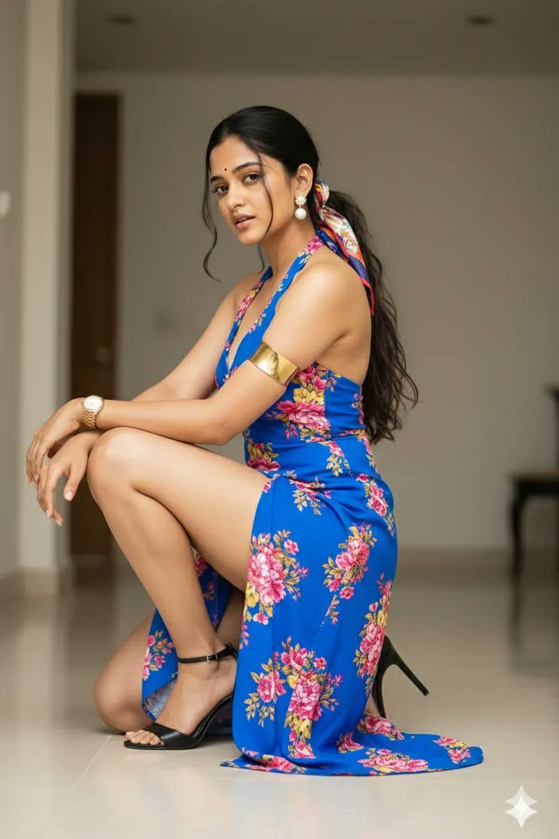 High-Fashion Editorial Portrait of Woman in Floral Halter Dress 3