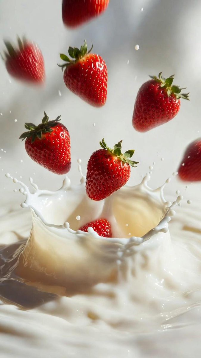 Macro Shot of Strawberries Falling into Milk 4