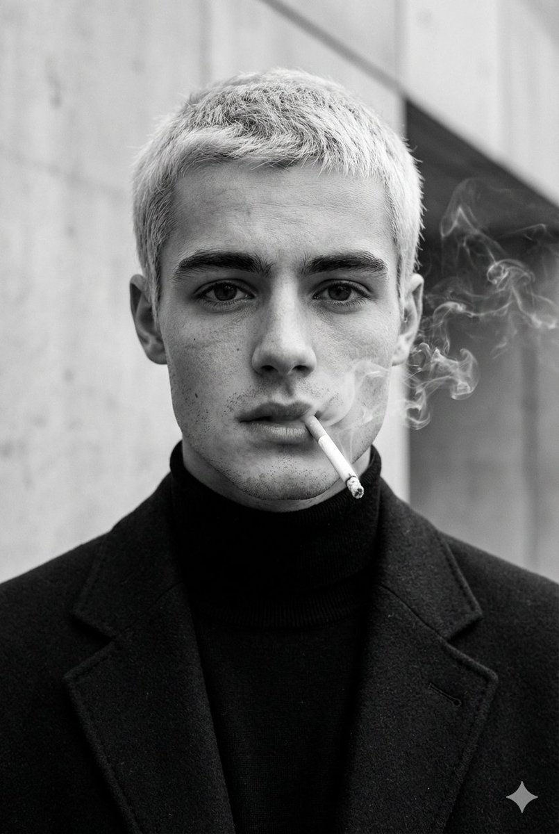 High-Fashion Black and White Portrait with Cigarette Smoke