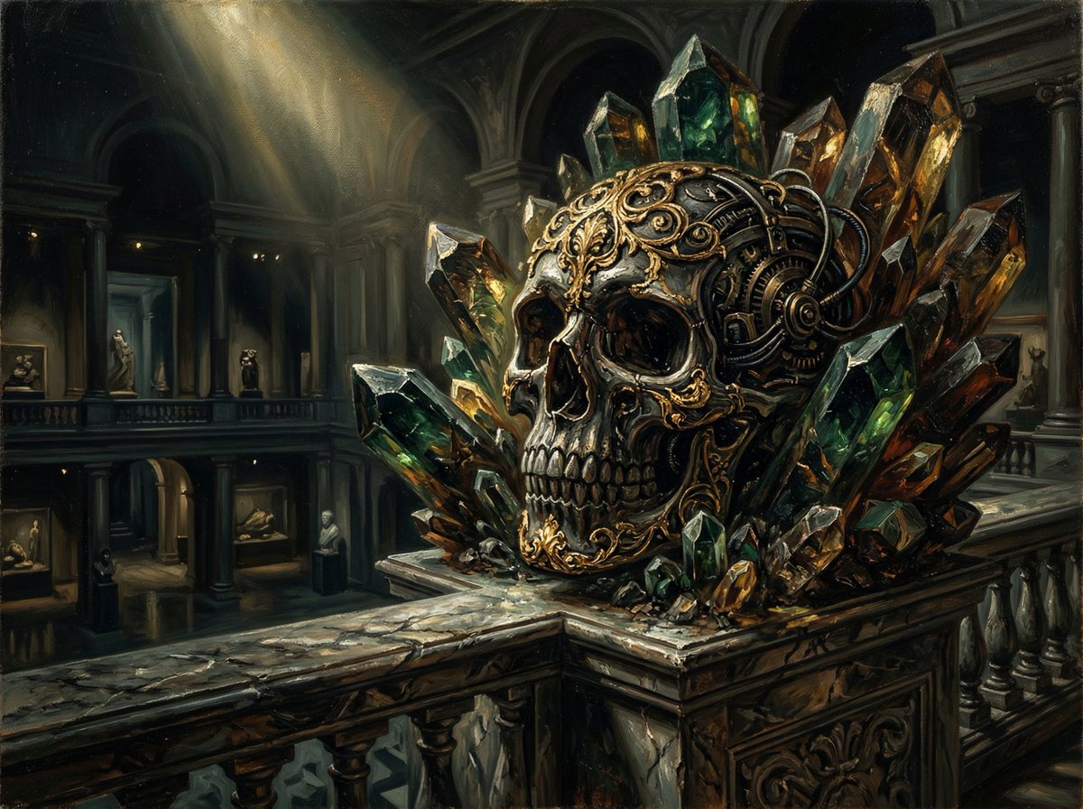 Dramatic Chiaroscuro Oil Painting of Biomechanical Skull 2