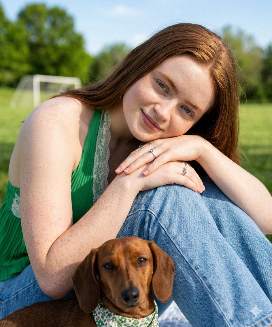 Sadie Sink Lookalike with Dachshund in Park
