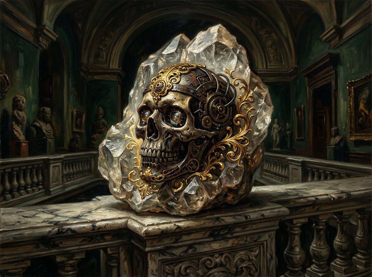 Dramatic Chiaroscuro Oil Painting of Biomechanical Skull 3