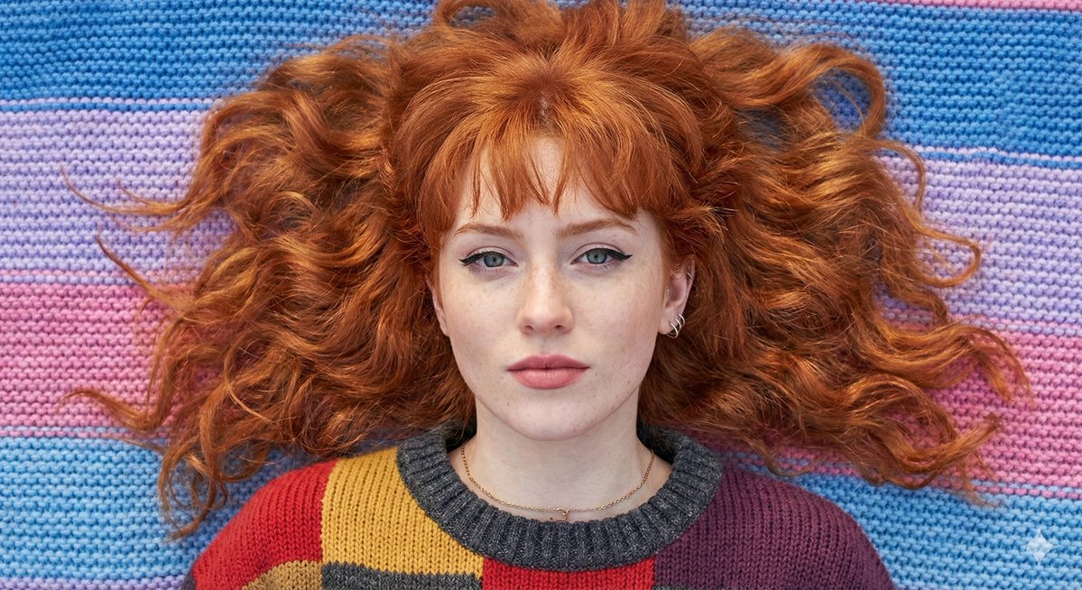 Flat Lay Portrait of a Ginger Woman on a Rainbow Blanket
