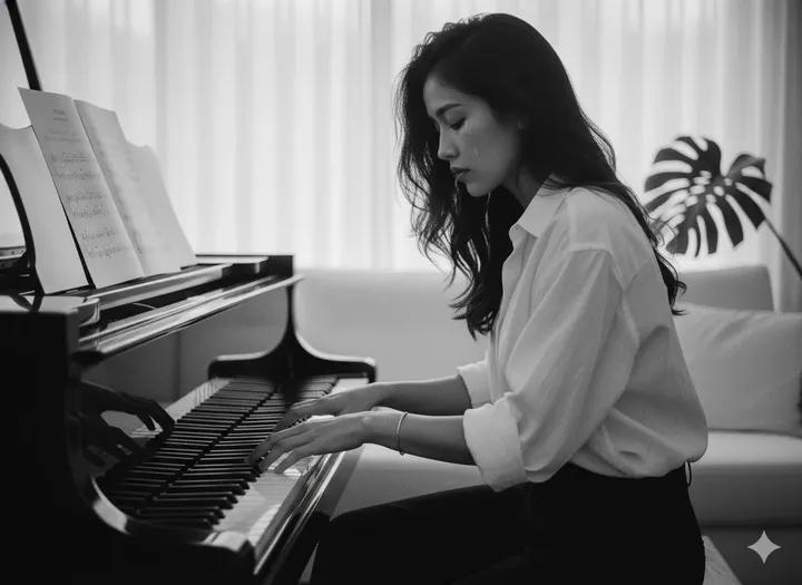 Cinematic Black and White Piano Scene