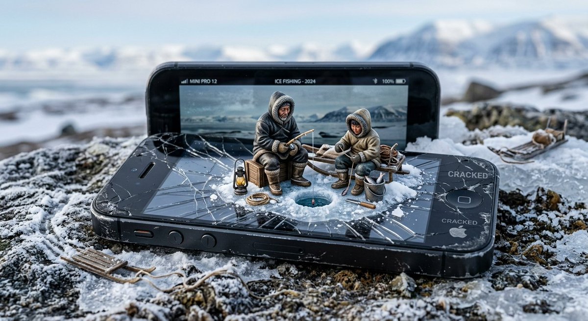 Miniature Inuit Fishing on Cracked Phone