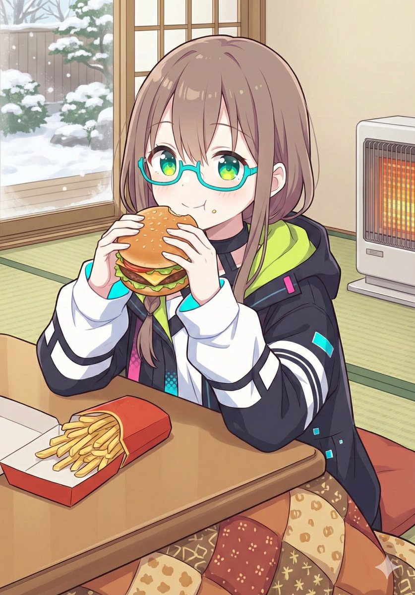 Japanese Prompt for Girl Eating Burger and Fries under Kotatsu