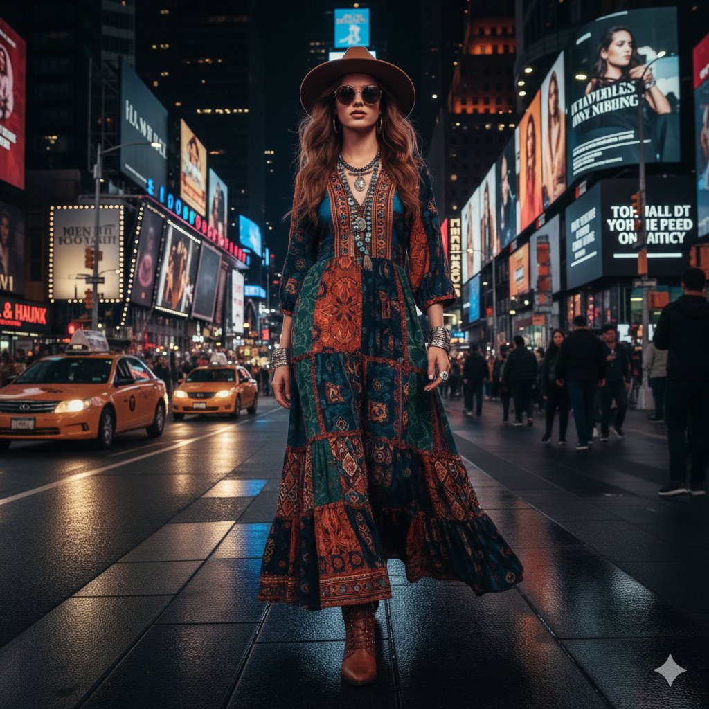 Ultra-realistic cinematic western fashion in Times Square prompt