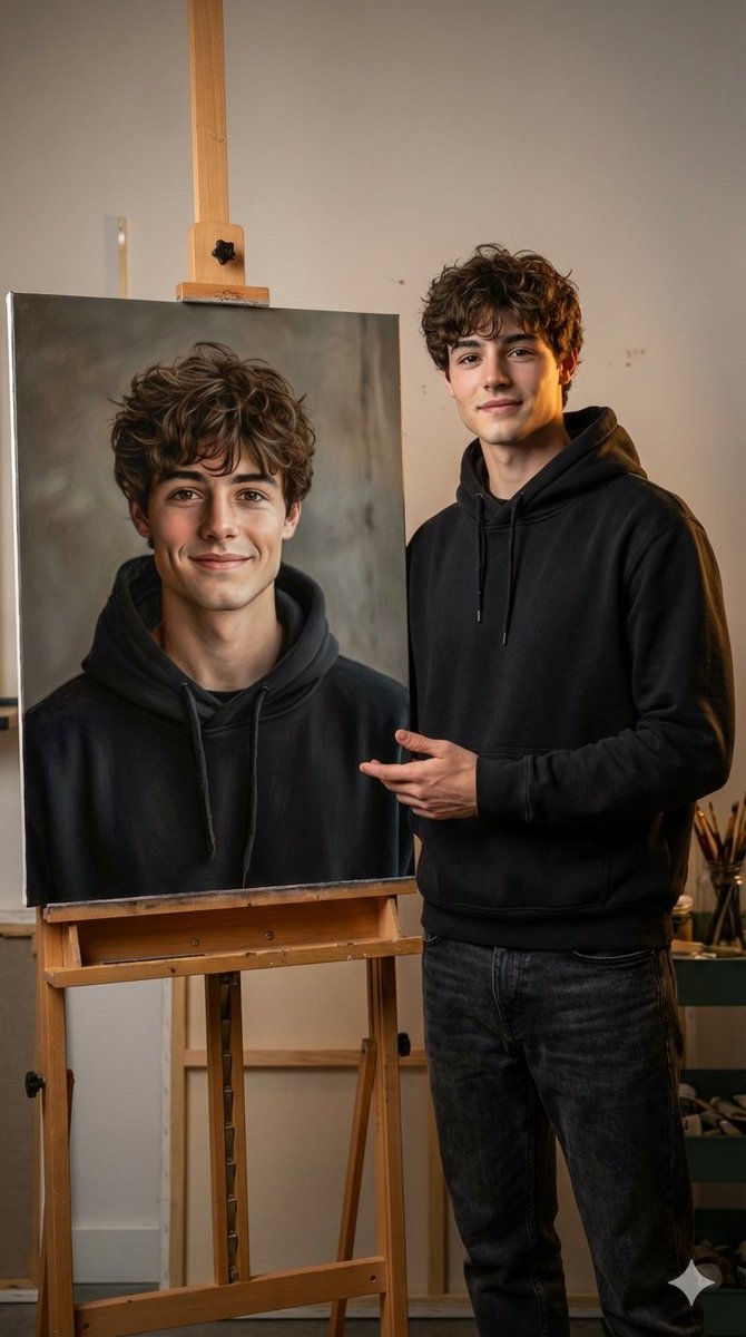 Hyper-realistic portrait with a painting of the subject