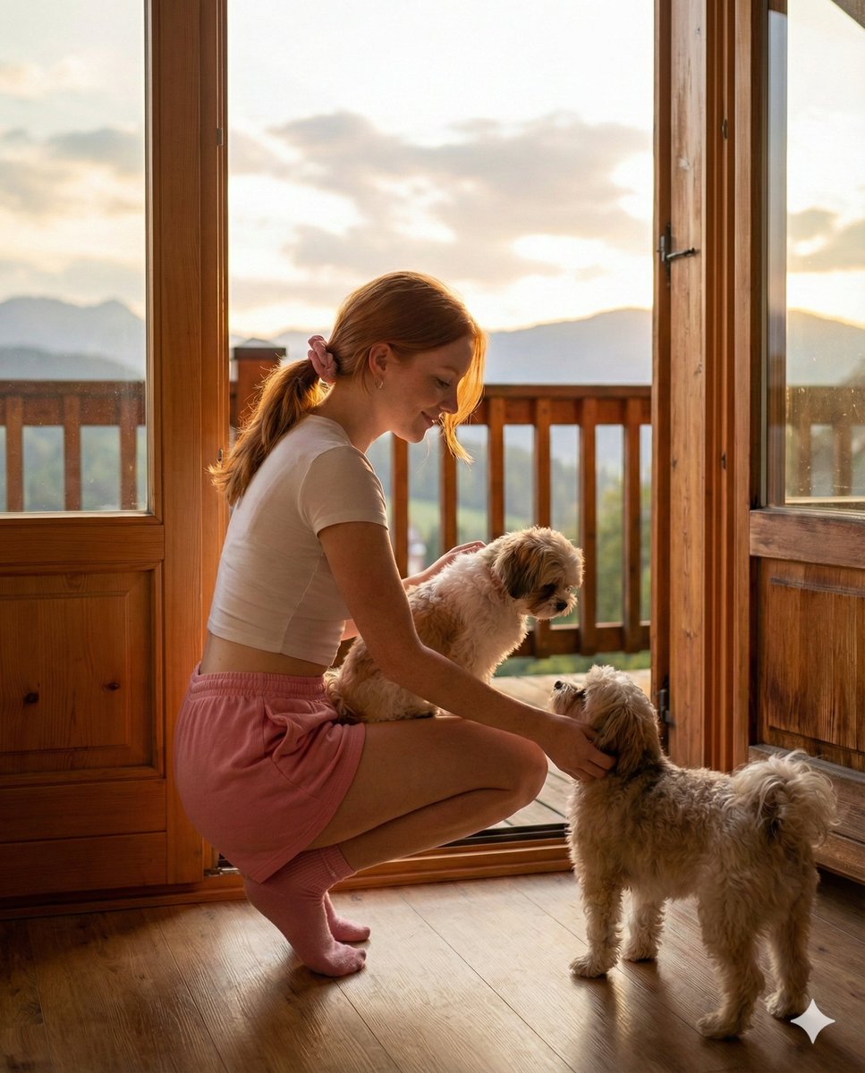 Golden Hour Cabin Portrait with Puppies Prompt