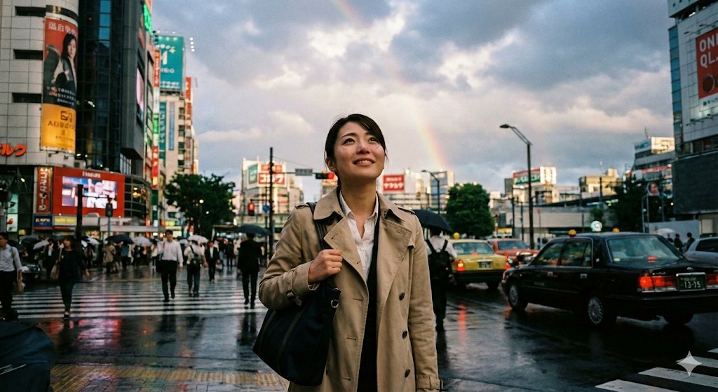 Emotional Snapshot of a Woman in Rainy Tokyo
