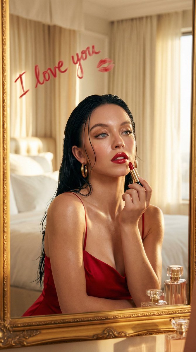Cinematic Portrait of a Woman Applying Red Lipstick (Alternative) 3