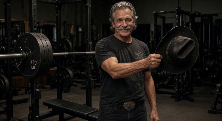 Grok Imagine prompt: Sam Elliott bench pressing