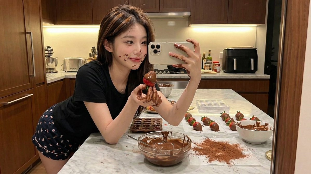 Ultra-Realistic Kitchen Selfie with Chocolate Smudge