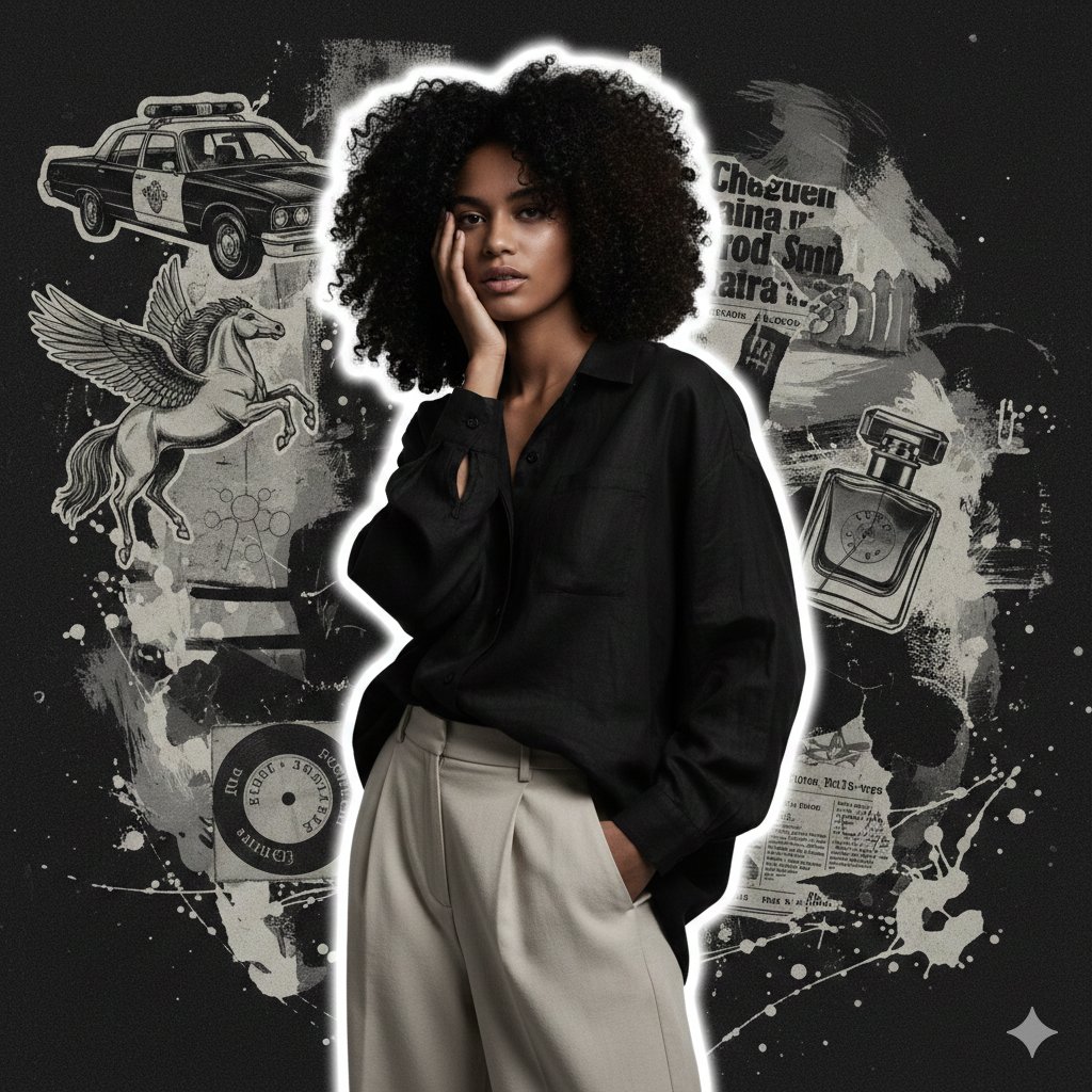 High-Fashion Grunge Portrait with Artistic Collage Background