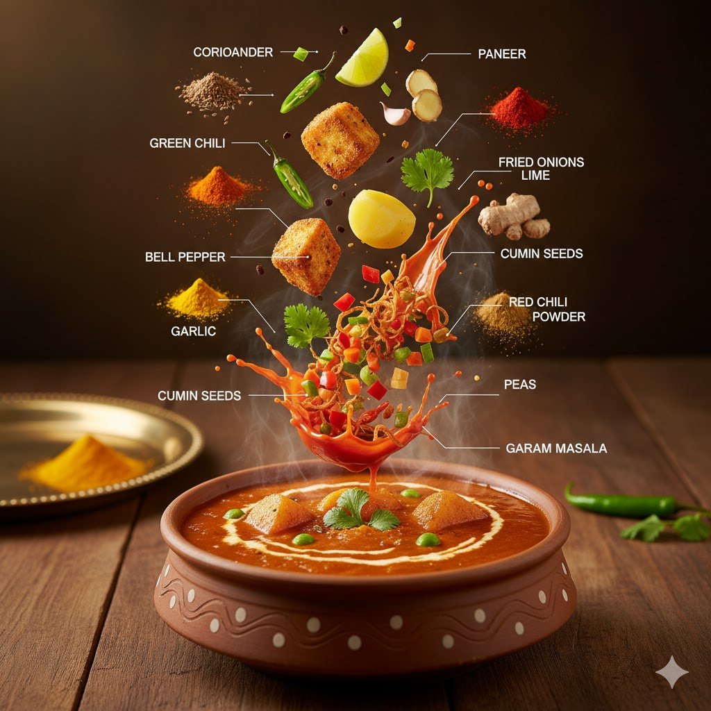 Hyper-realistic editorial food infographic of Indian Veg Curry 2