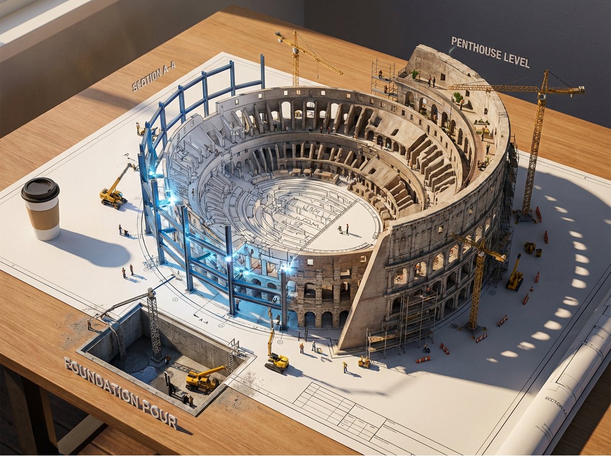 Epic 3D Architectural Blueprint Awakening Scene