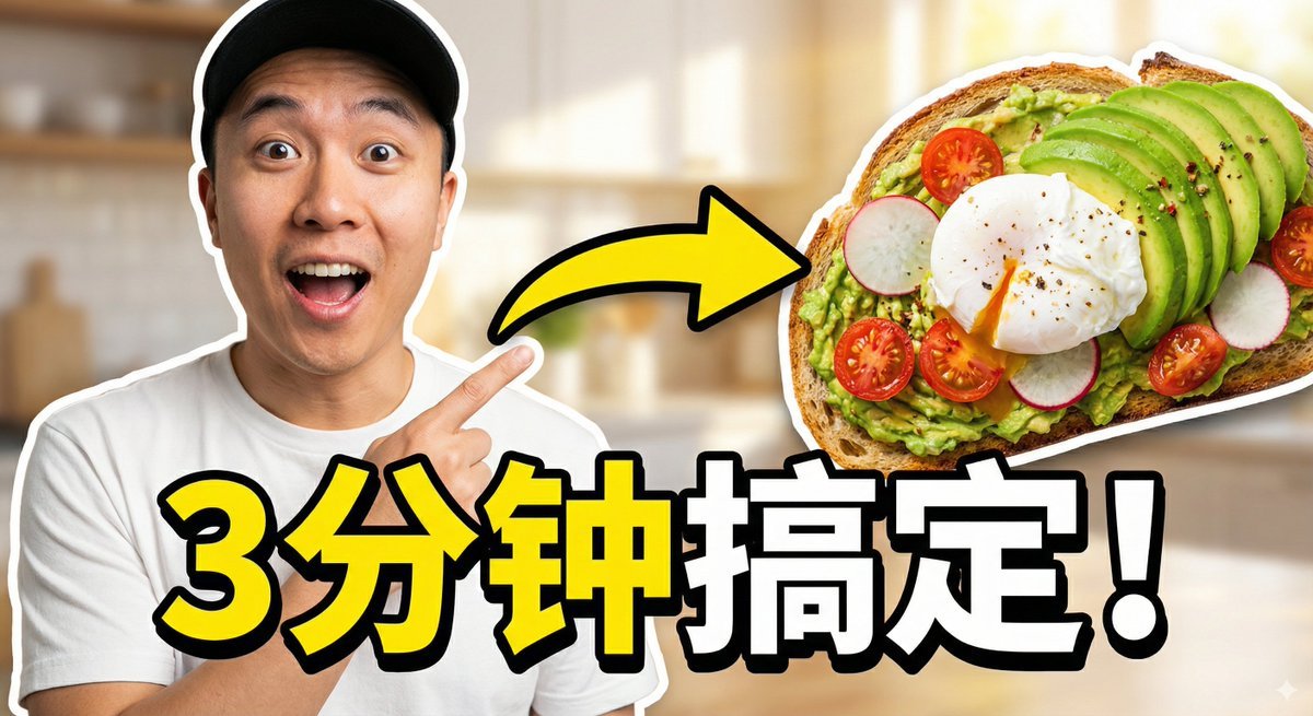 Viral Thumbnail: Excited pointing, avocado toast, “Done in 3 Minutes!”