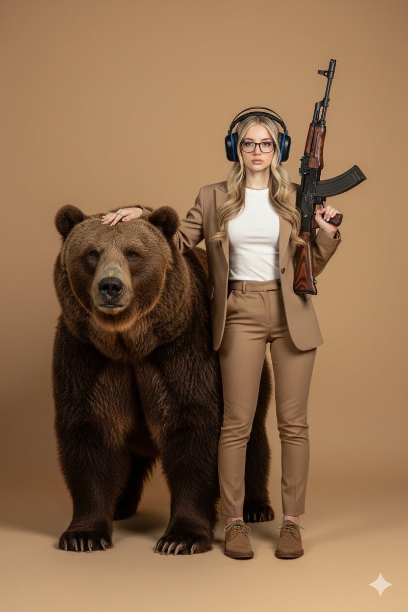 Surreal Studio Portrait with Grizzly Bear and Rifle
