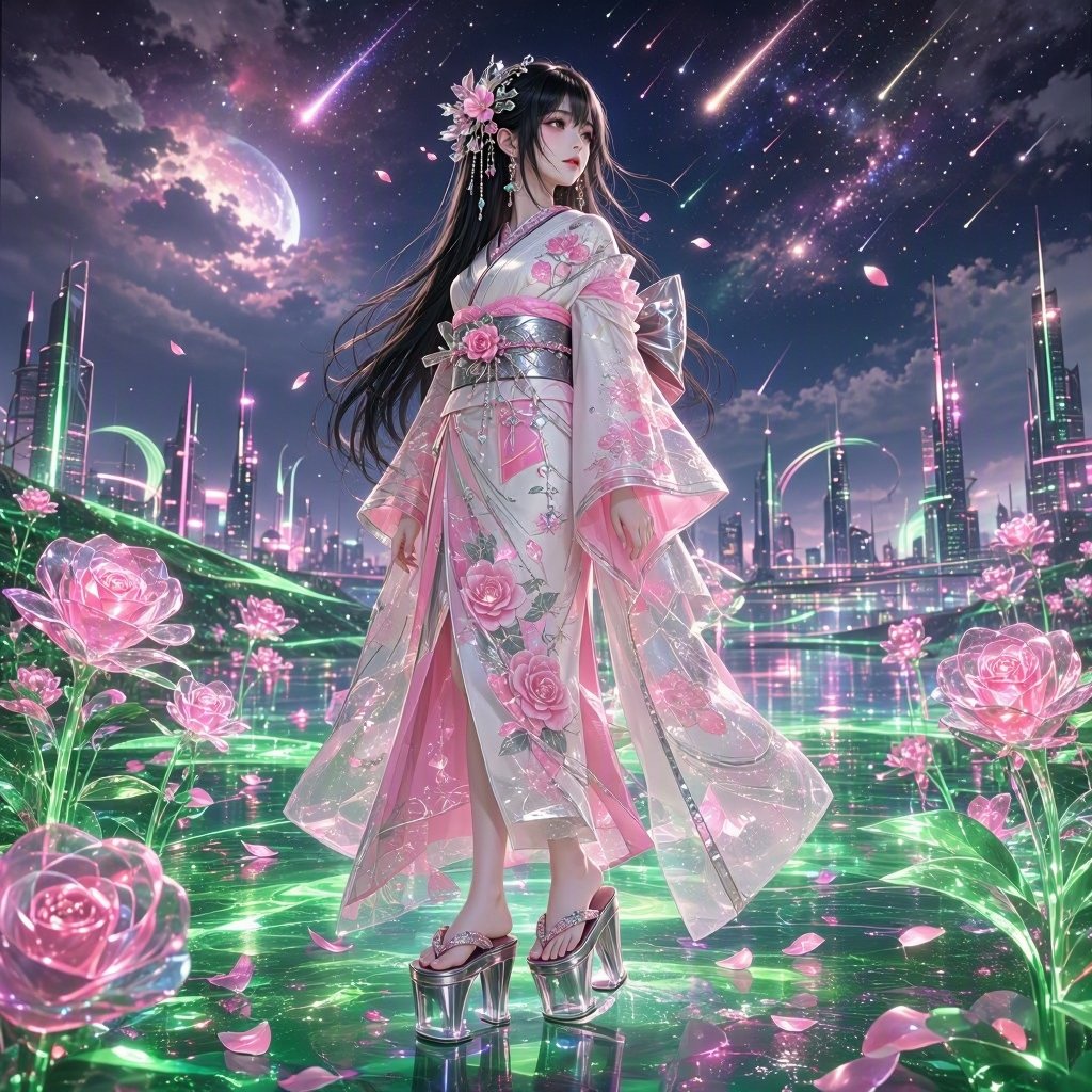 Grok Imagine Video Prompt with Meteor Shower and Neon Roses
