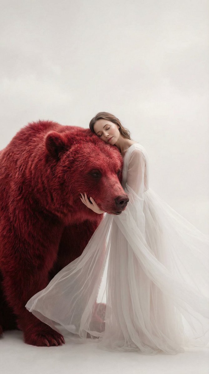 Surreal Scene of Human Embracing Massive Red Bear Prompt 2
