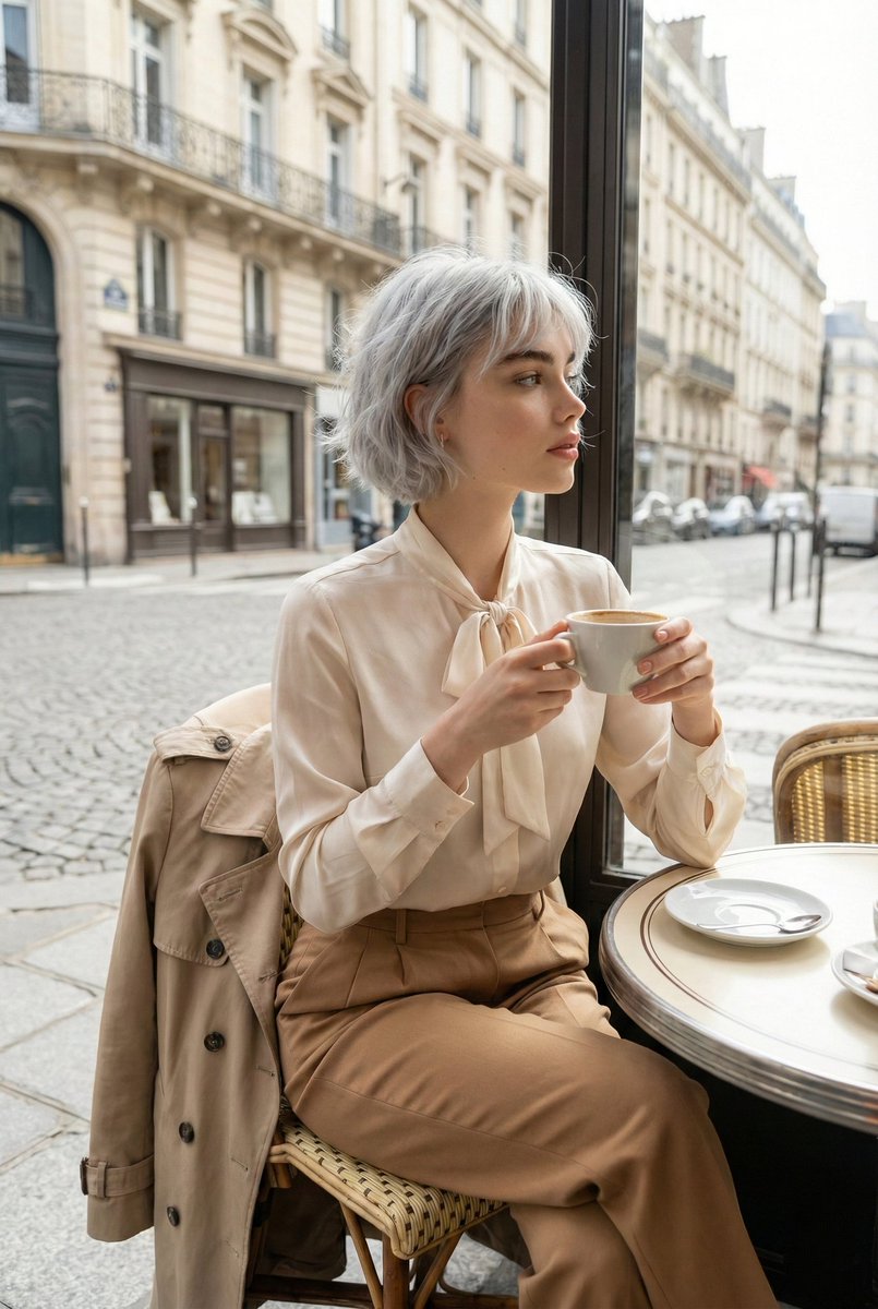 Candid Parisian Café Portrait with Silver Hair