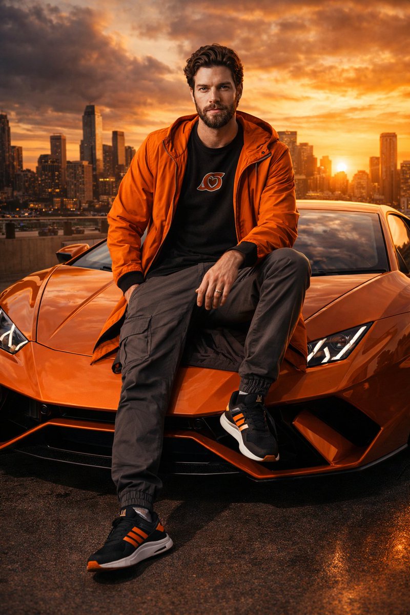 Streetwear Man on Lamborghini at Sunset 2