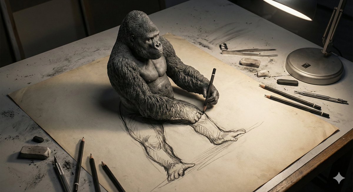 3D Gorilla Emerging from 2D Charcoal Sketch 4