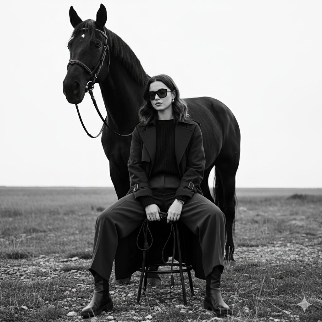 Monochrome Fine-Art Fashion Editorial with Horse 2