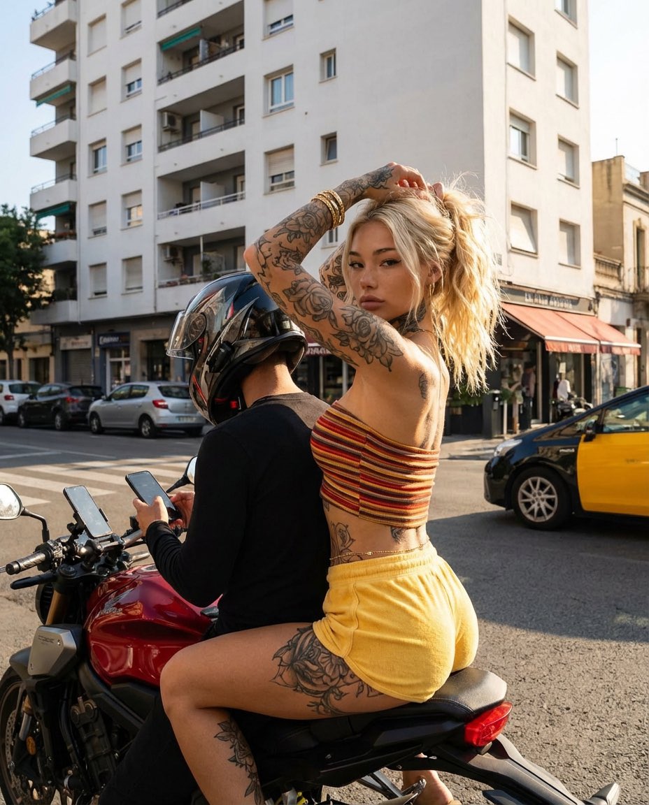 Photorealistic Street Photography of Tattooed Woman on Motorcycle 2