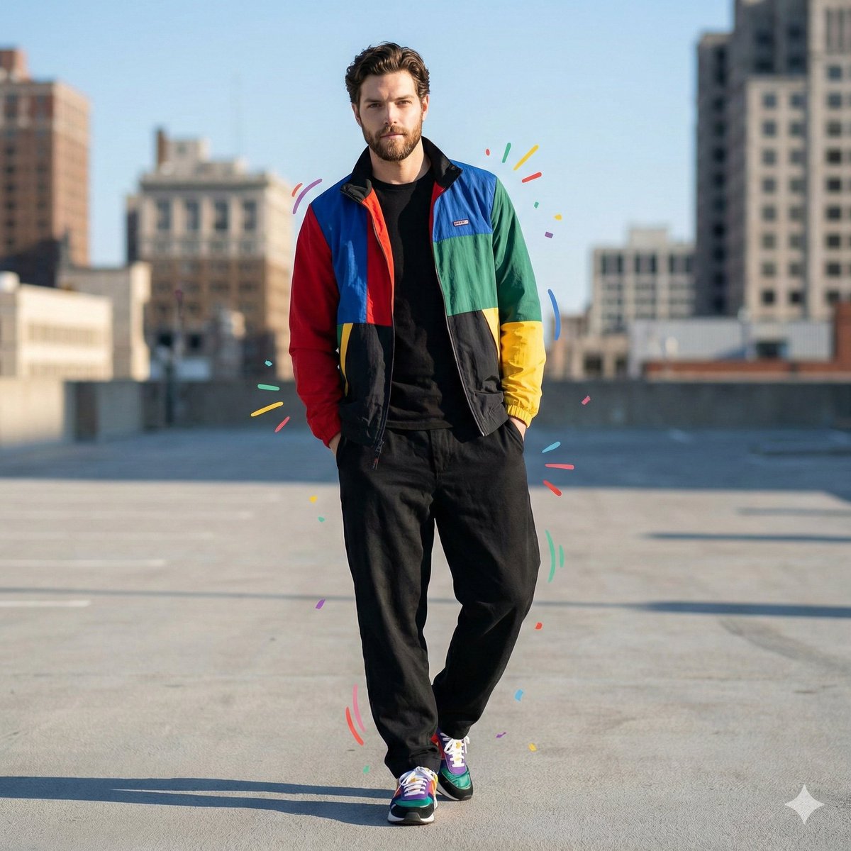Color-Blocked Fashion Portrait with Graphic Accents 2