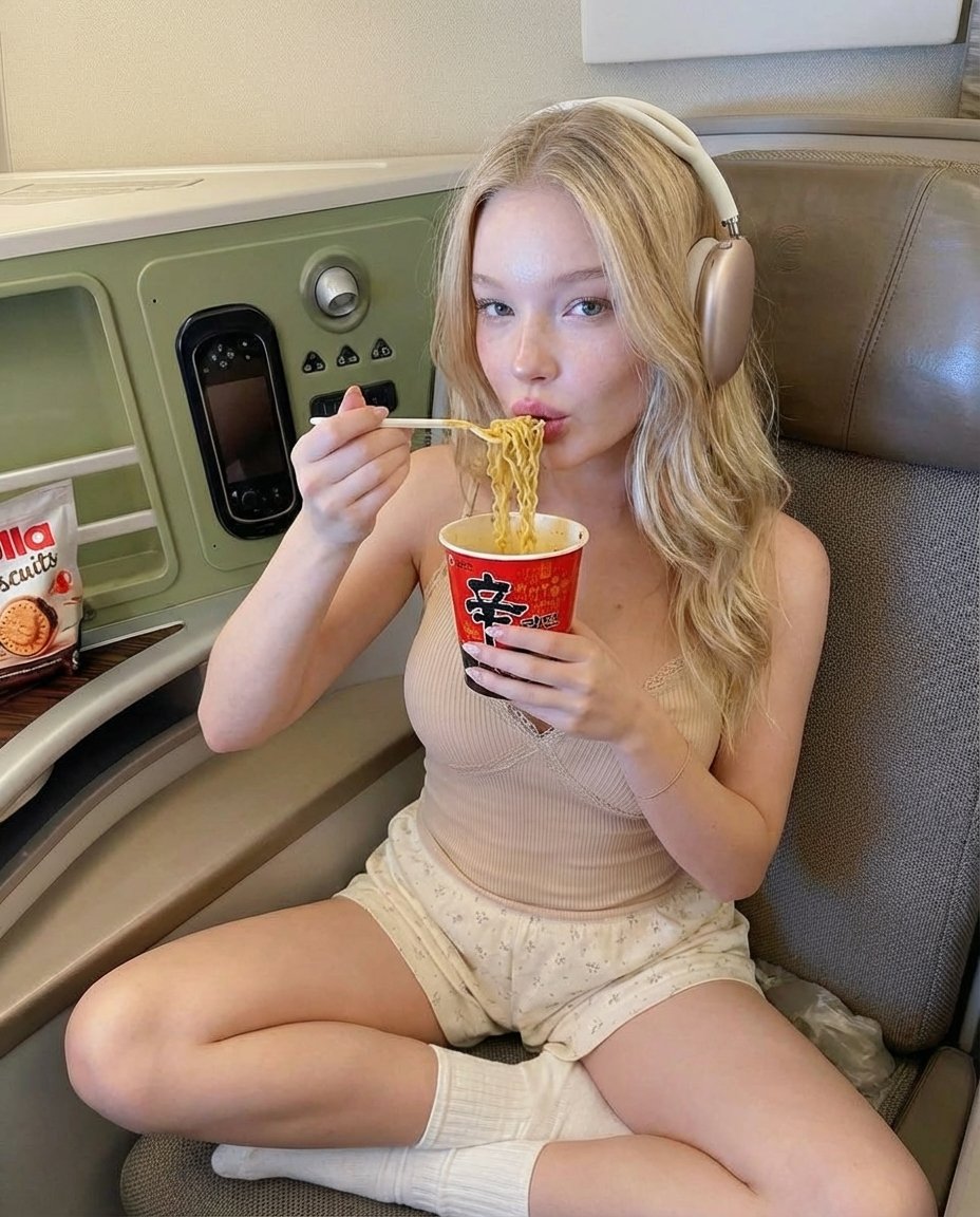 Photorealistic Lifestyle Photo of a Woman Eating Noodles on a Train
