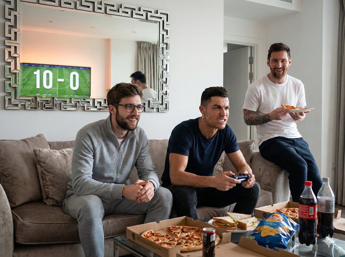 Hyper-Realistic Cinematic Scene of Ronaldo Losing a Video Game to Subject