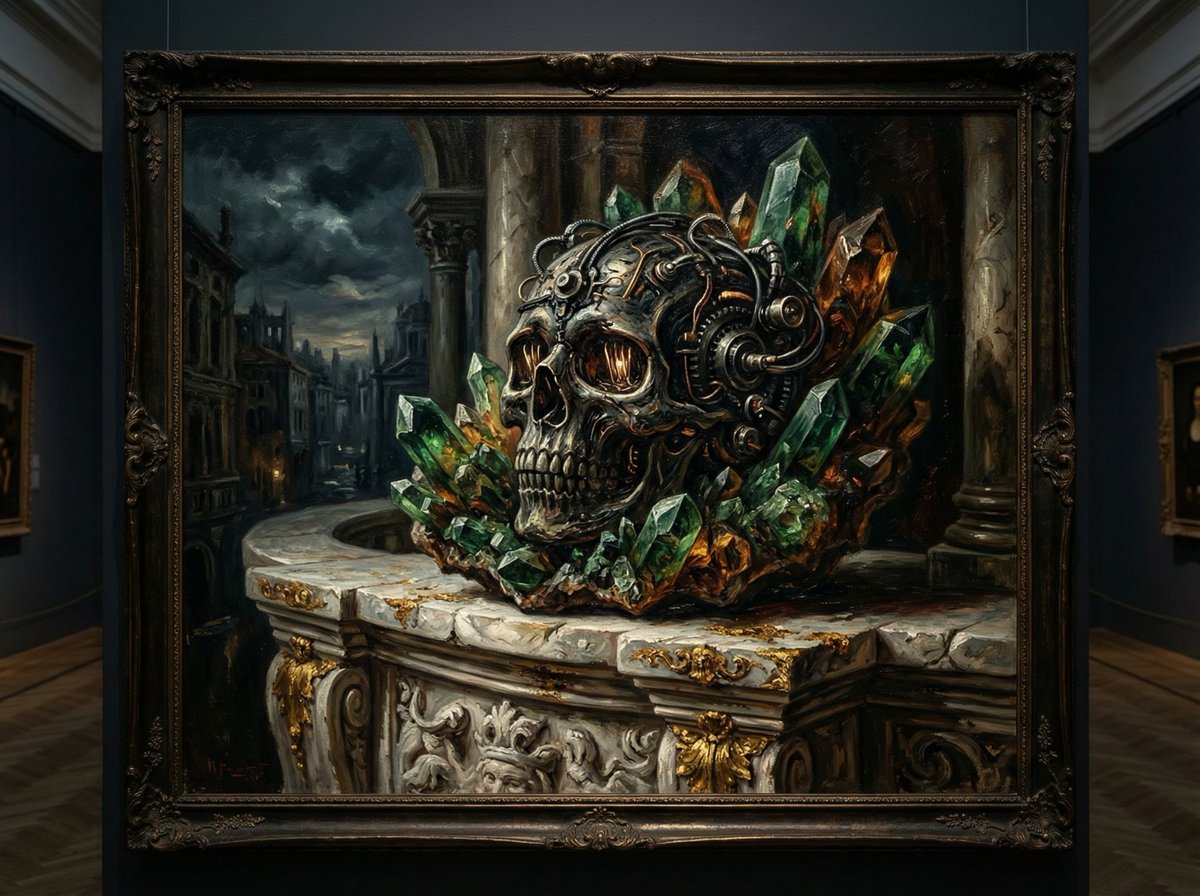 Dramatic Chiaroscuro Oil Painting of Biomechanical Skull