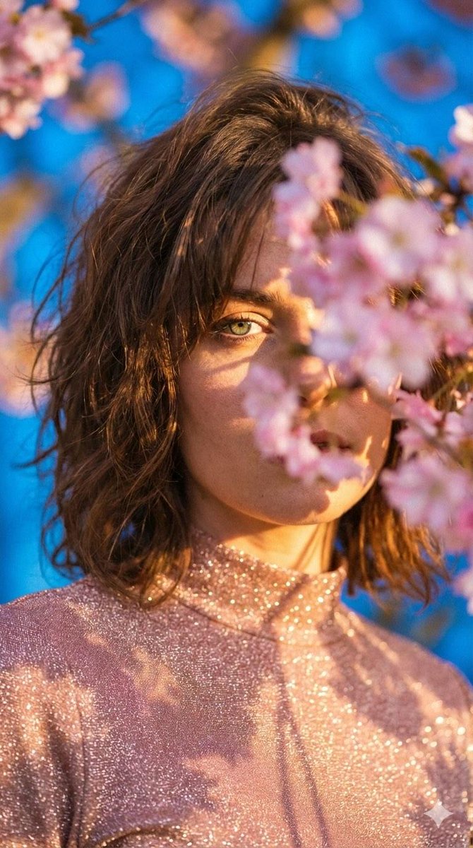 Poetic Cinematic Portrait with Pink Blossoms Prompt 4