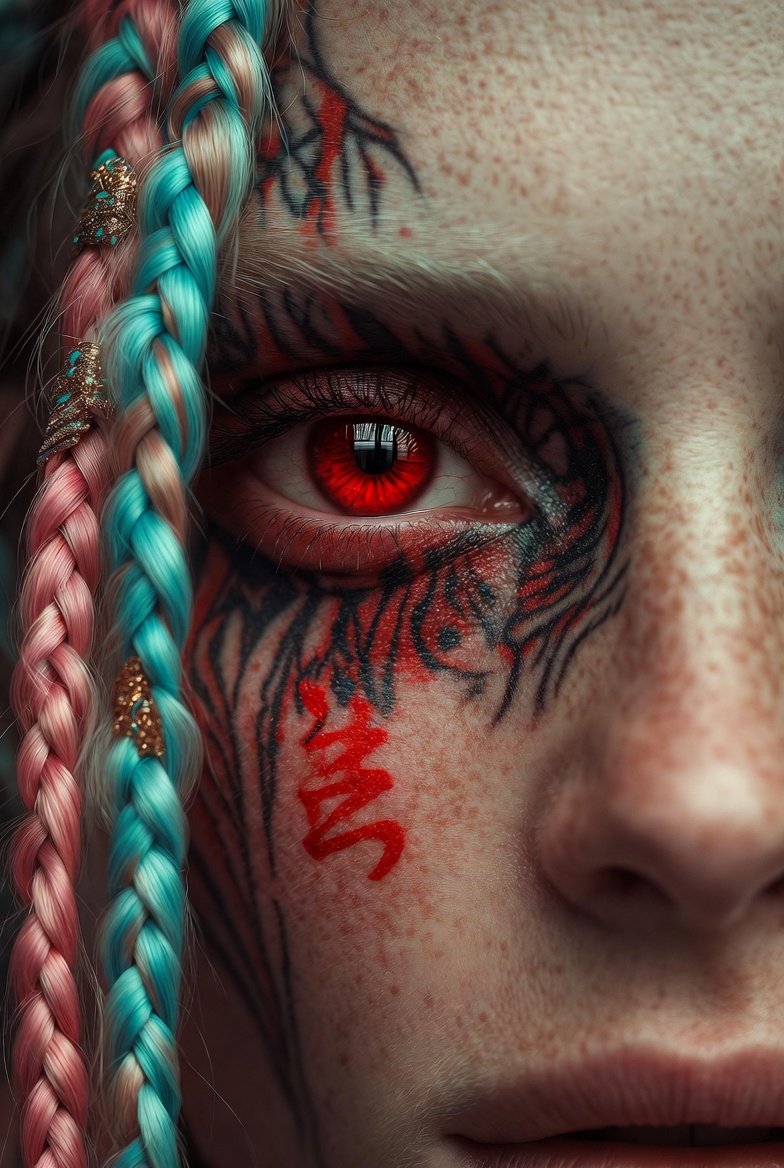Extreme Close-Up Cinematic Portrait with Tattoos and Red Eye