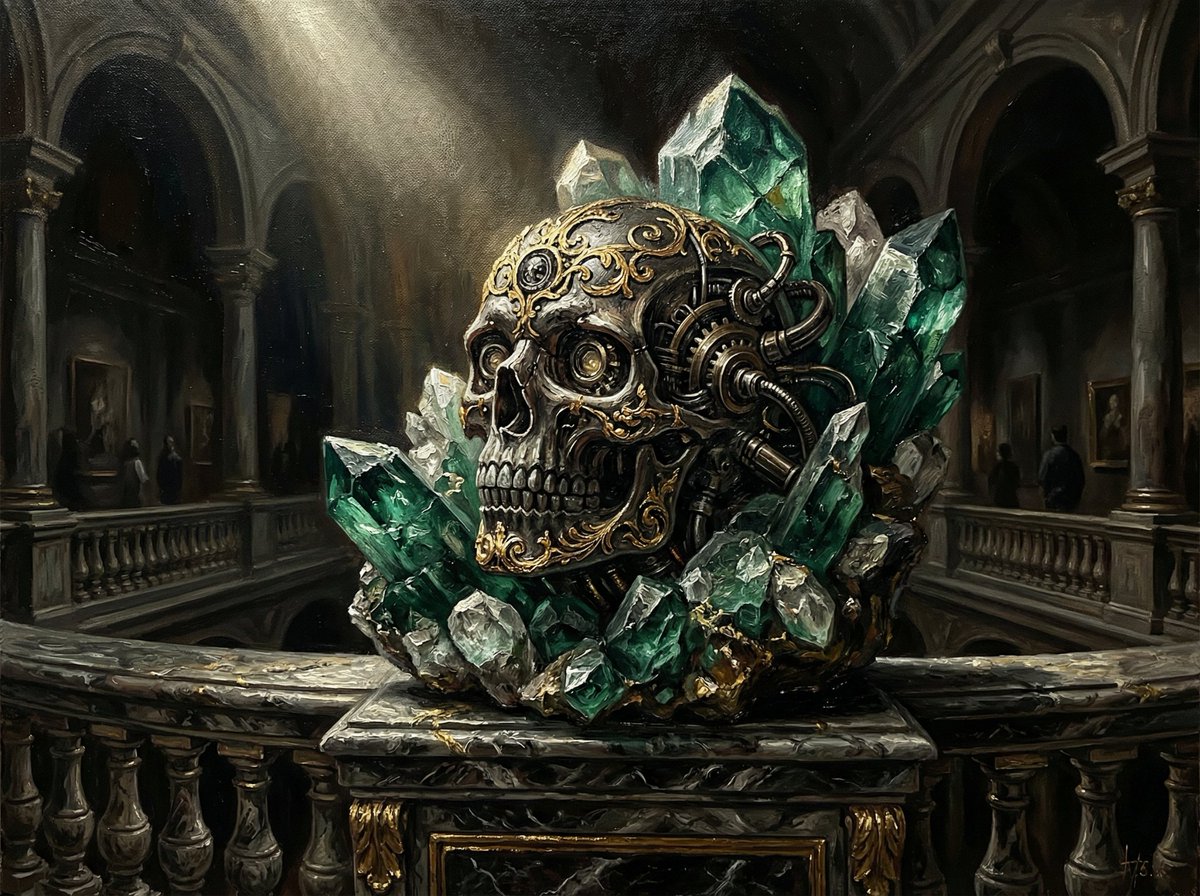 Dramatic Chiaroscuro Oil Painting of Biomechanical Skull 4