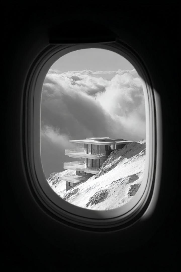 Black and White Futuristic House from Airplane Window 3
