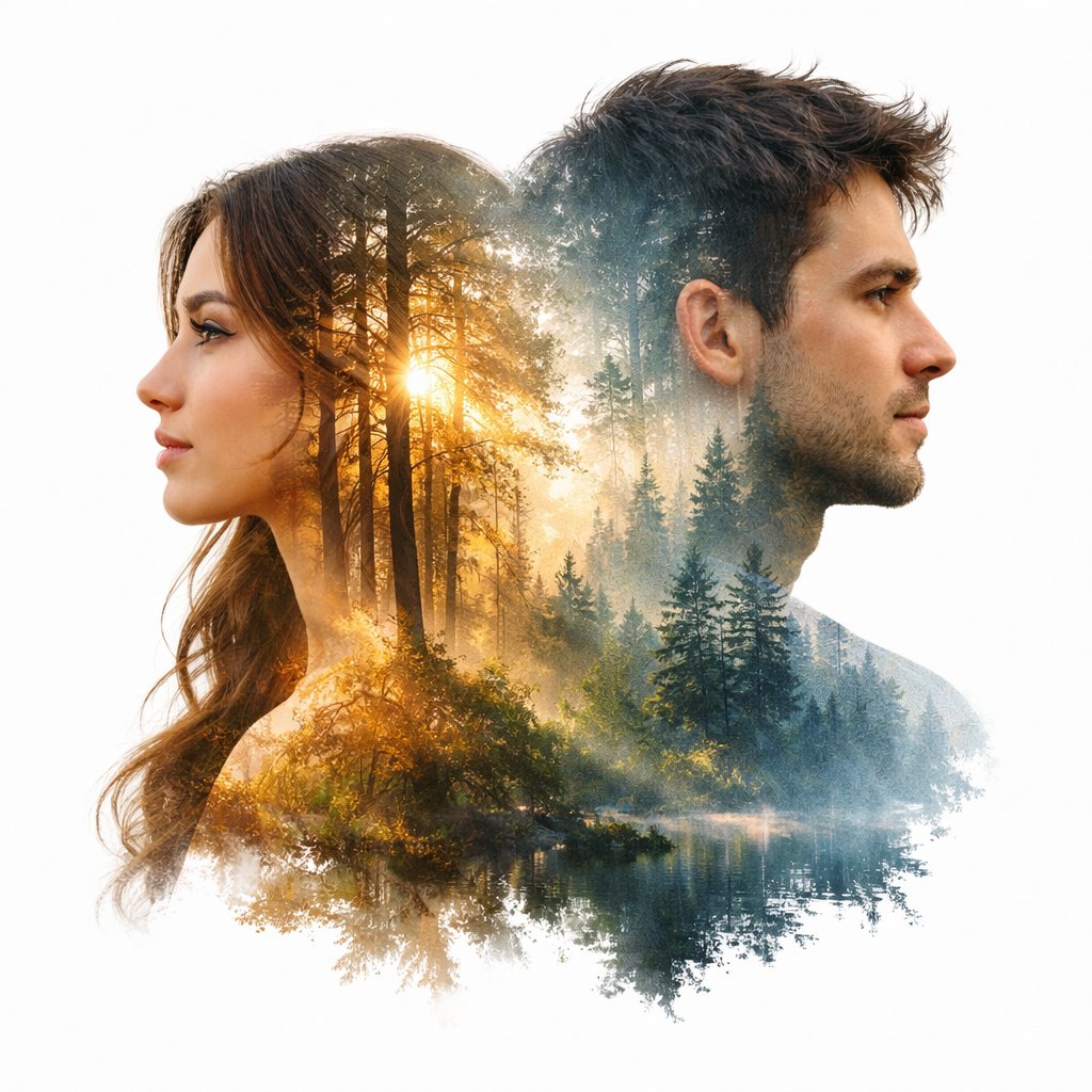 Cinematic Double-Exposure Portrait of Contrast and Connection 2