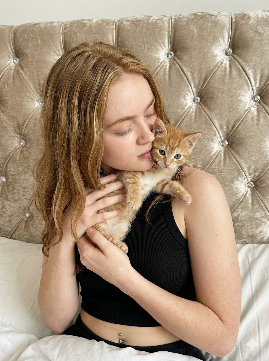 Tender Portrait of Woman Nuzzling a Kitten