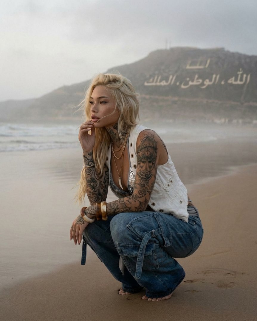 Tattooed Woman on Misty Beach Fashion Editorial