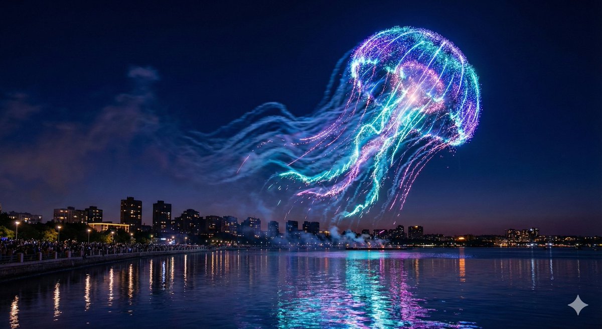 Photorealistic Long-Exposure Fireworks over a City Skyline 2