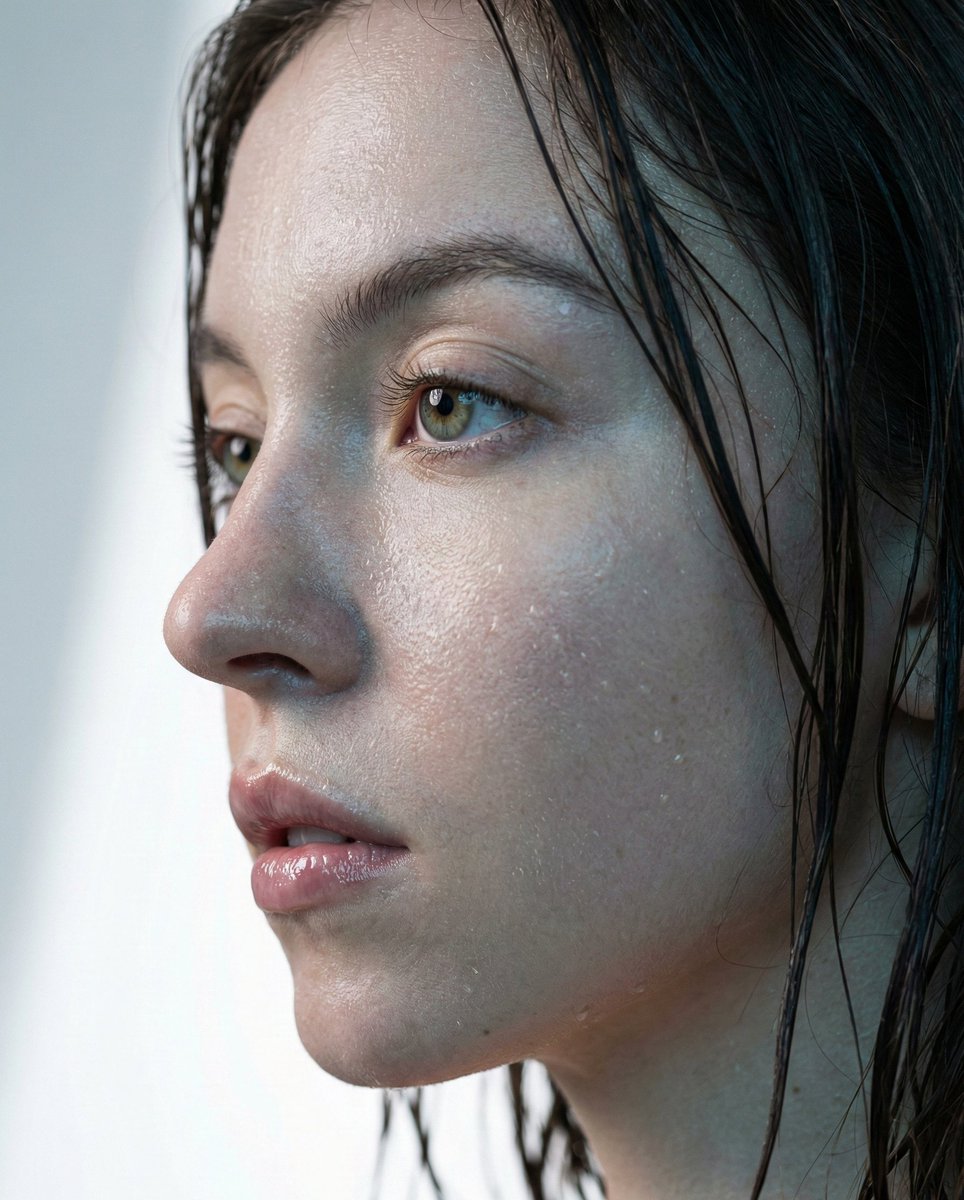 Hyper-Realistic Macro Portrait of Sydney Sweeney (Wet Look)