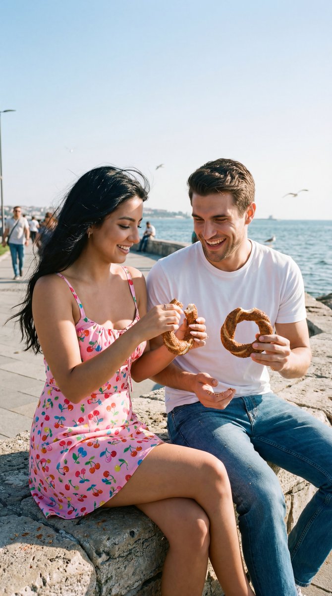 Photoreal Candid Street Romance Film Still Prompt (Moda Seaside)