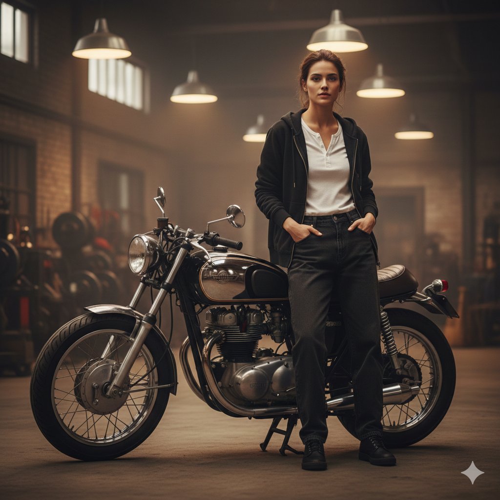 Cinematic Medium Shot of Woman on Cafe Racer