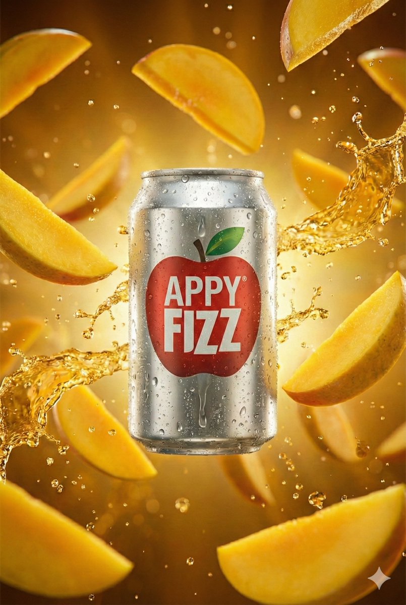 Hyper-realistic cinematic product shot of Appy Fizz can with exploding apple slices 2