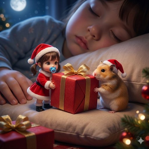 Tiny Santa Placing Present Prompt