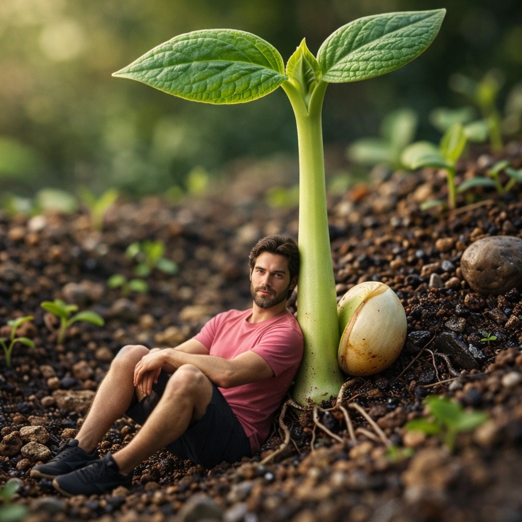 Surreal Macro-Fantasy: Tiny Man and Giant Bean Sprout 2