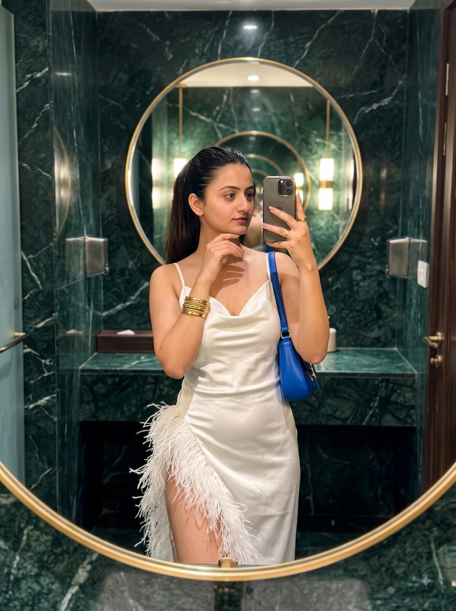 Feather Silk Dress Mirror Selfie